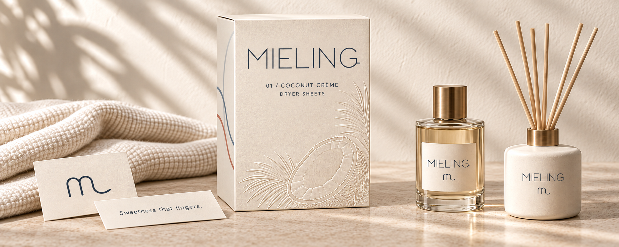 미엘링 MIELING 건조기 시트 패키지와 향 제품의 브랜드 디자인 적용 이미지